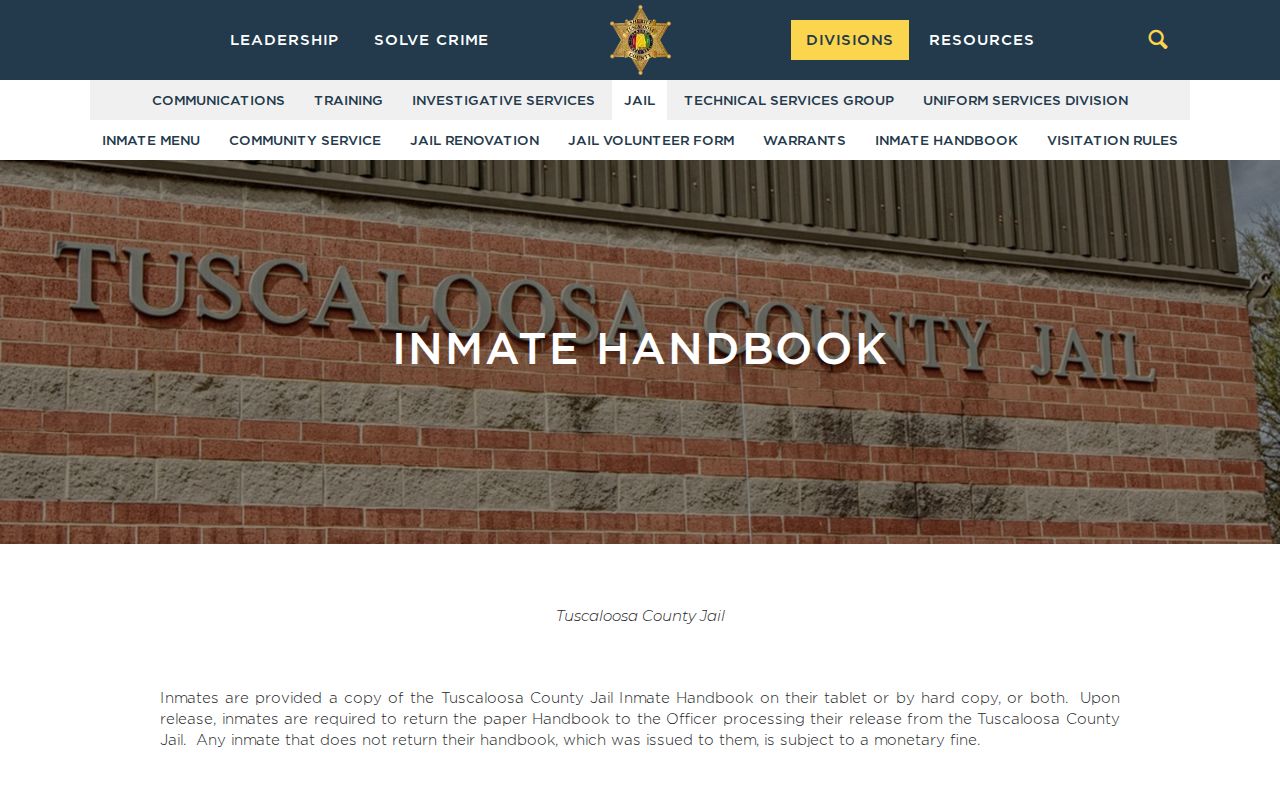Tuscaloosa County Jail inmate handbook describing booking and release procedures