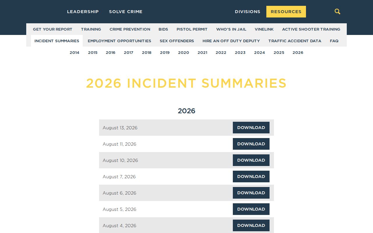 Official TCSO dated incident summary page for multi-day arrest context