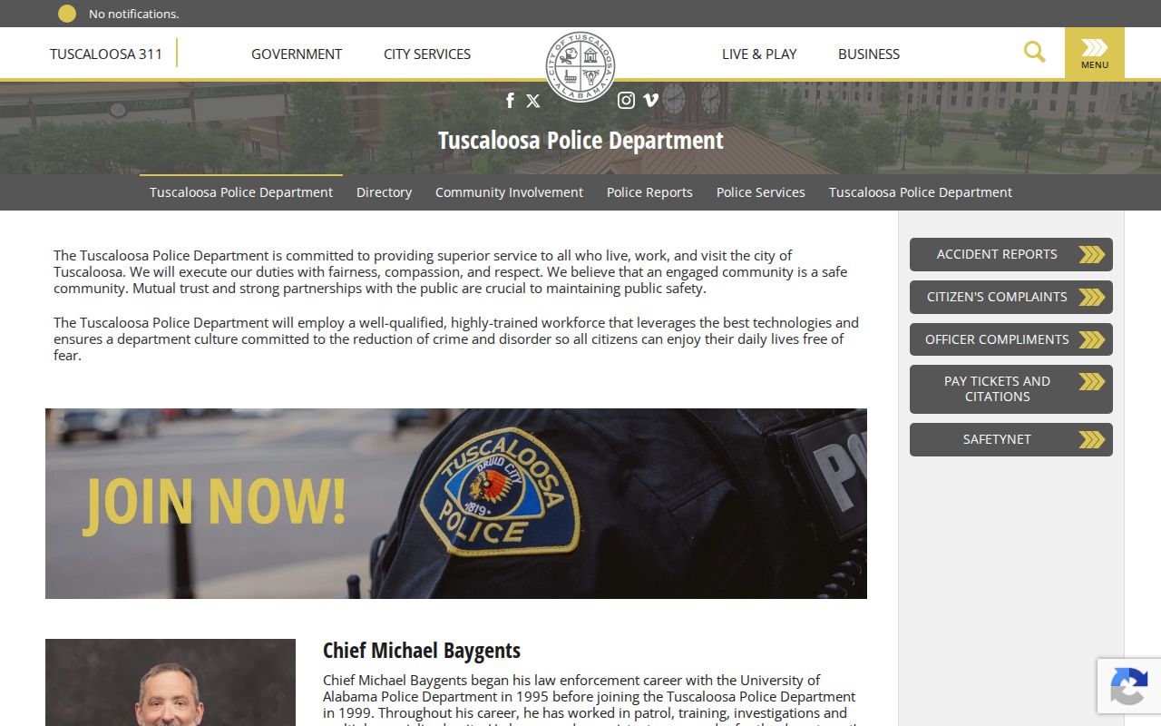 Official Tuscaloosa Police Department website landing page