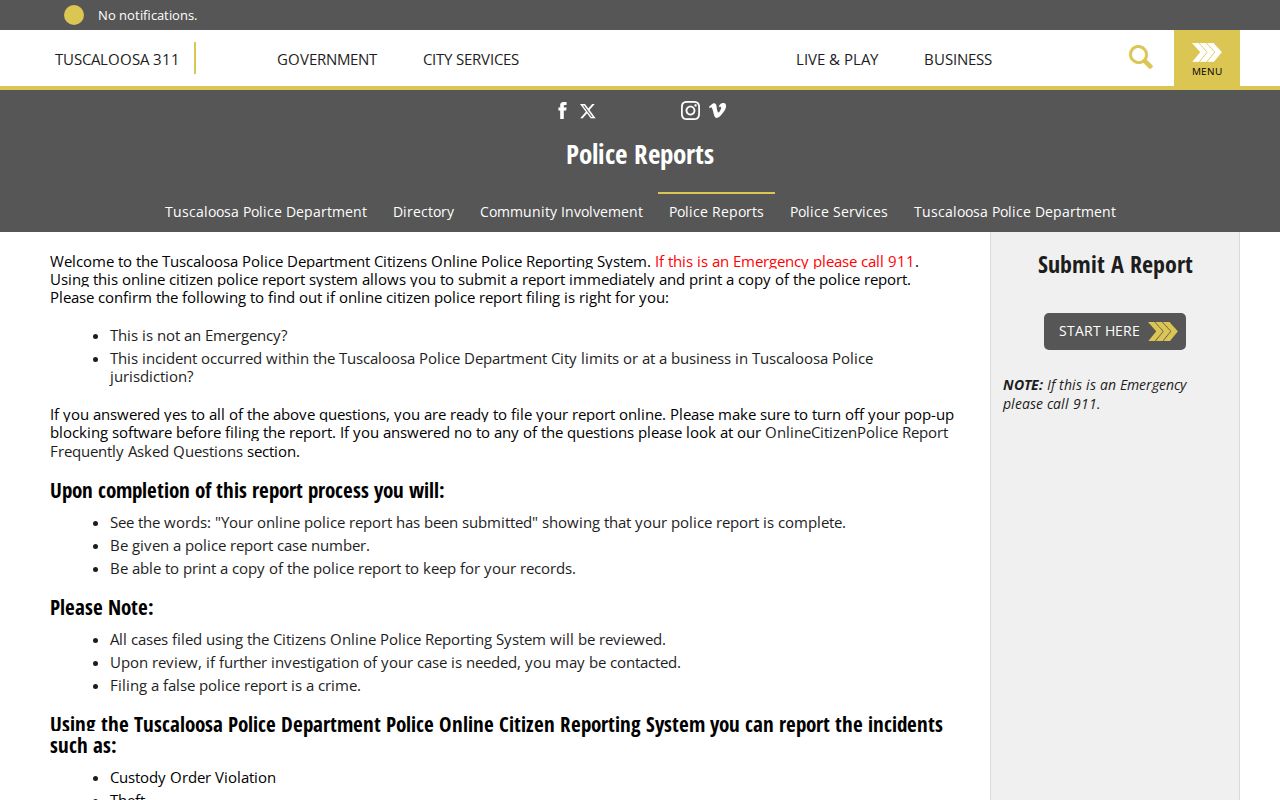 Tuscaloosa Police online incident reporting interface
