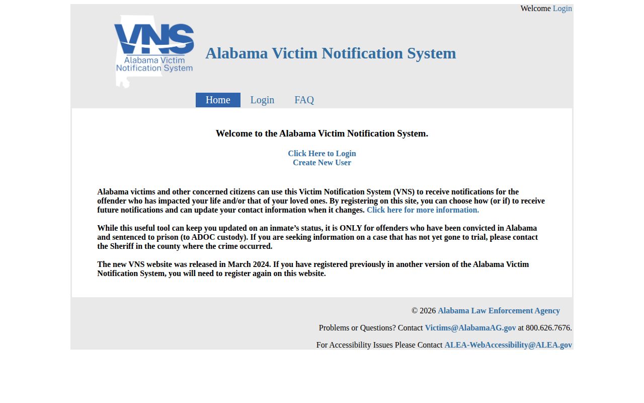Official Alabama VNS screen describing ADOC custody notifications